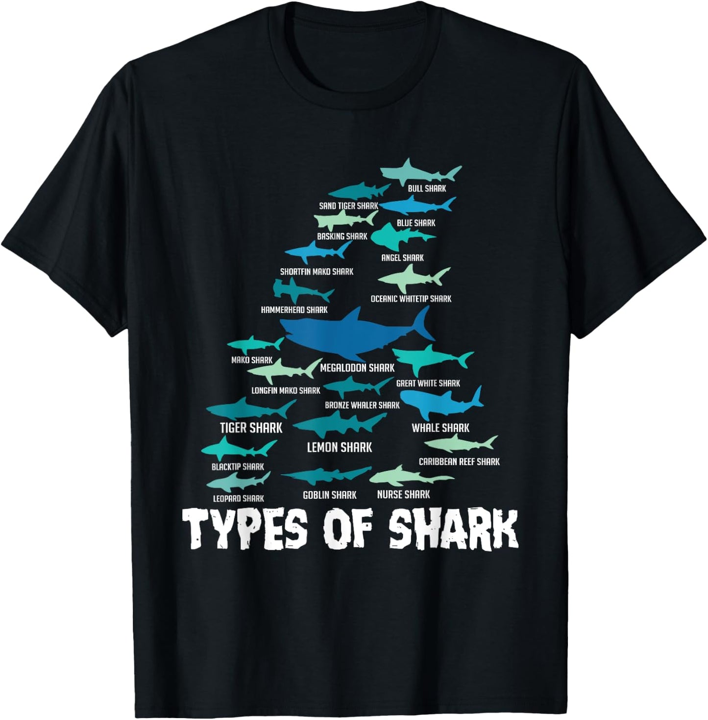 Types of Shark Megalodon Great White Nurse Shark T-Shirt - T-Shirt | Black