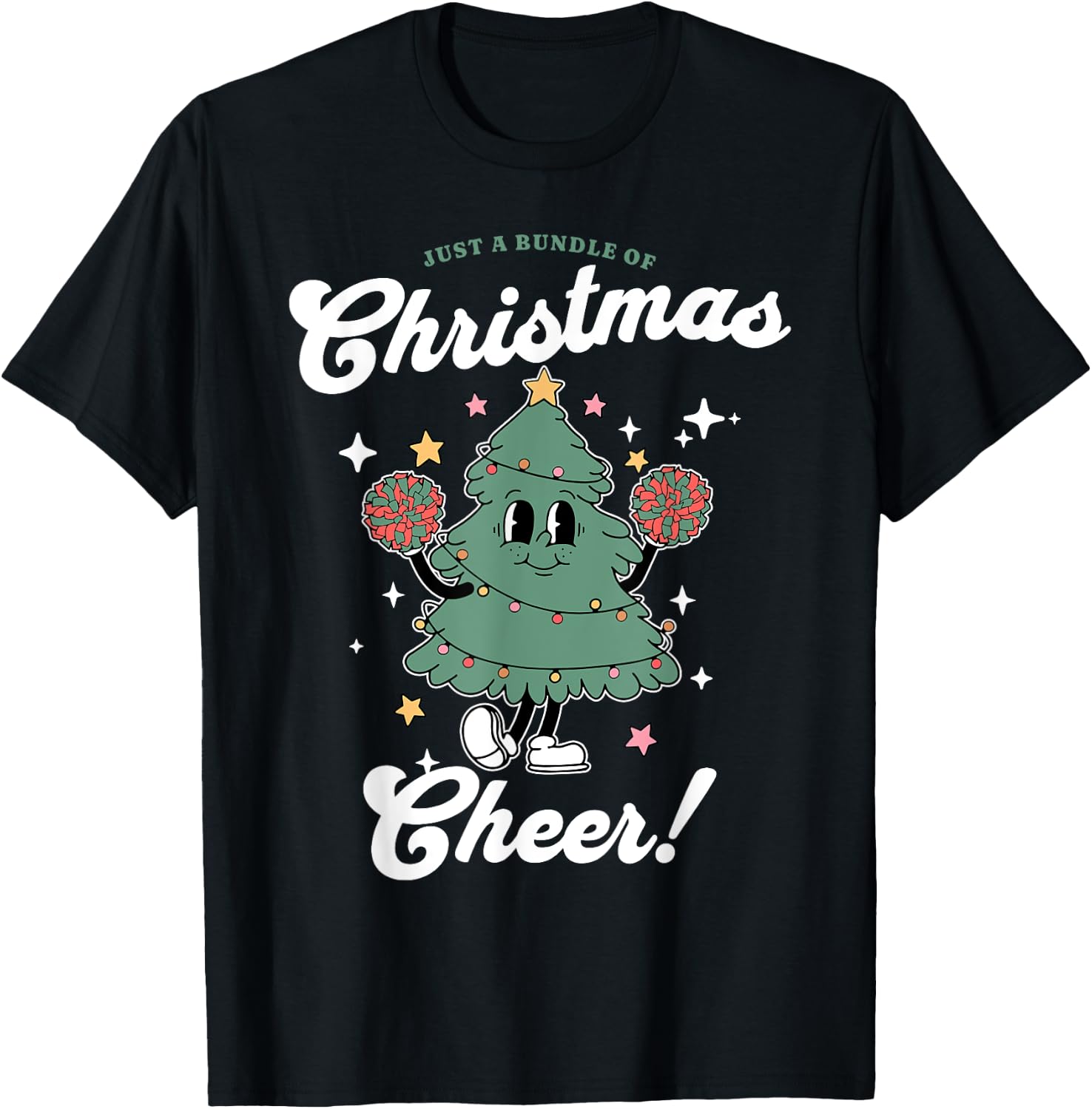 Cheerleader Cute Christmas Tree Cheerleading Women's -Adults, Girls Black Small Classic Fit Christmas Tree Holiday T-Shirt - T-Shirt | Black