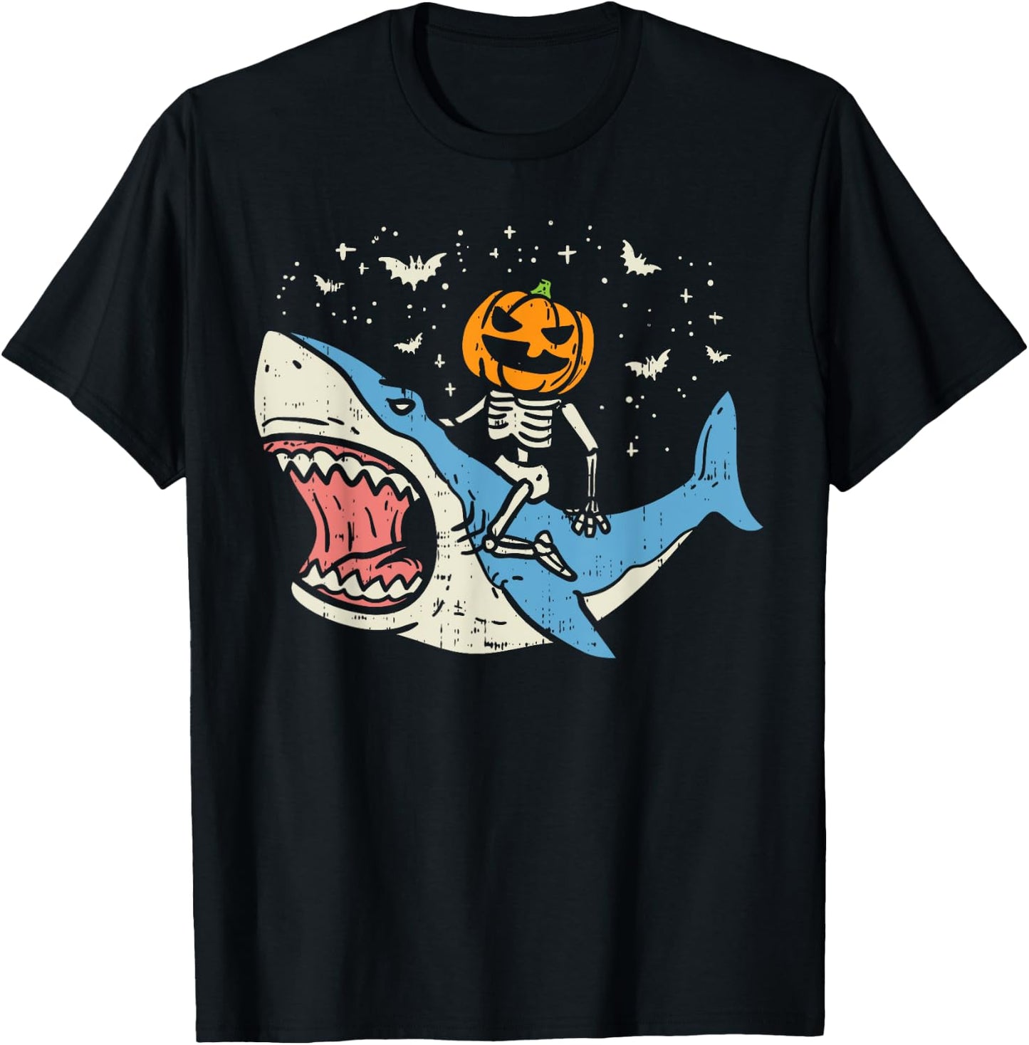 Pumpkin Skeleton Riding Shark Bats Halloween Costume Kids T-Shirt - T-Shirt | Black