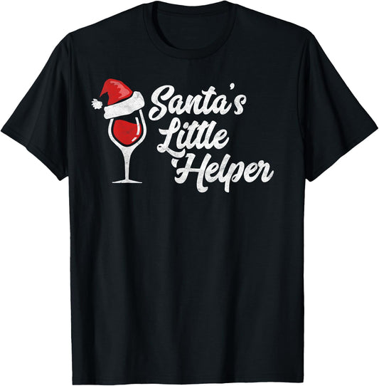 Santa's Little Helper Christmas Wine Glass & Santa Hat Shirt T-Shirt - T-Shirt | Black