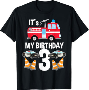 It's My Birthday Fire Truck Police Car 3rd Birthday T-Shirt - T-Shirt | Black