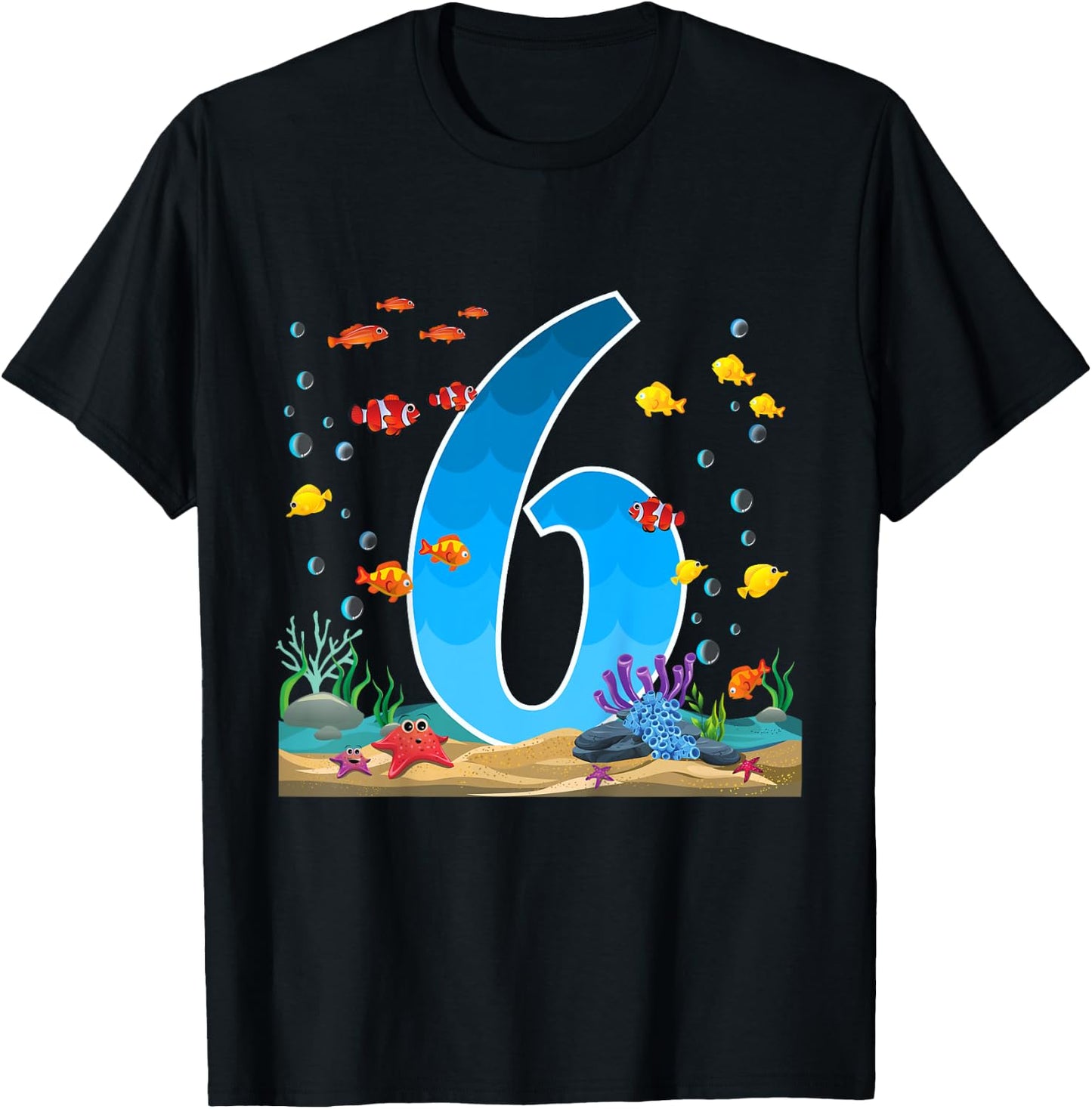 6 Year Old Ocean Birthday Under The Sea Fish Theme 6th Gift T-Shirt - T-Shirt | Black