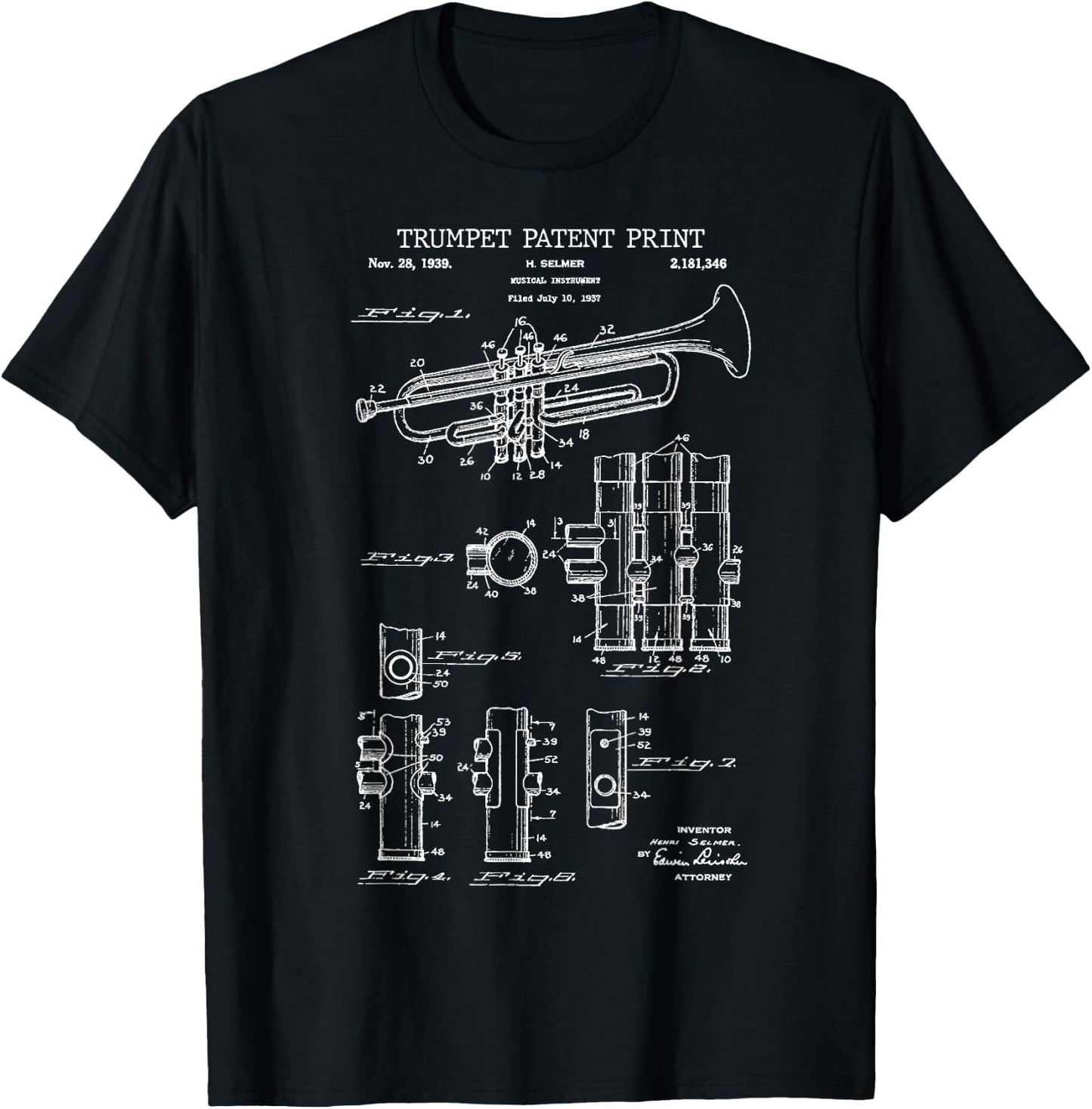 Trumpet Patent Print 1939 - Vintage Patent Music T-Shirt - T-Shirt | Black