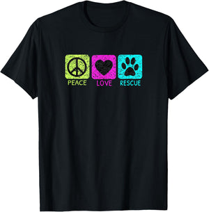 Peace Love Rescue Dogs Retro Distressed Graphic Design T-Shirt - T-Shirt | Black
