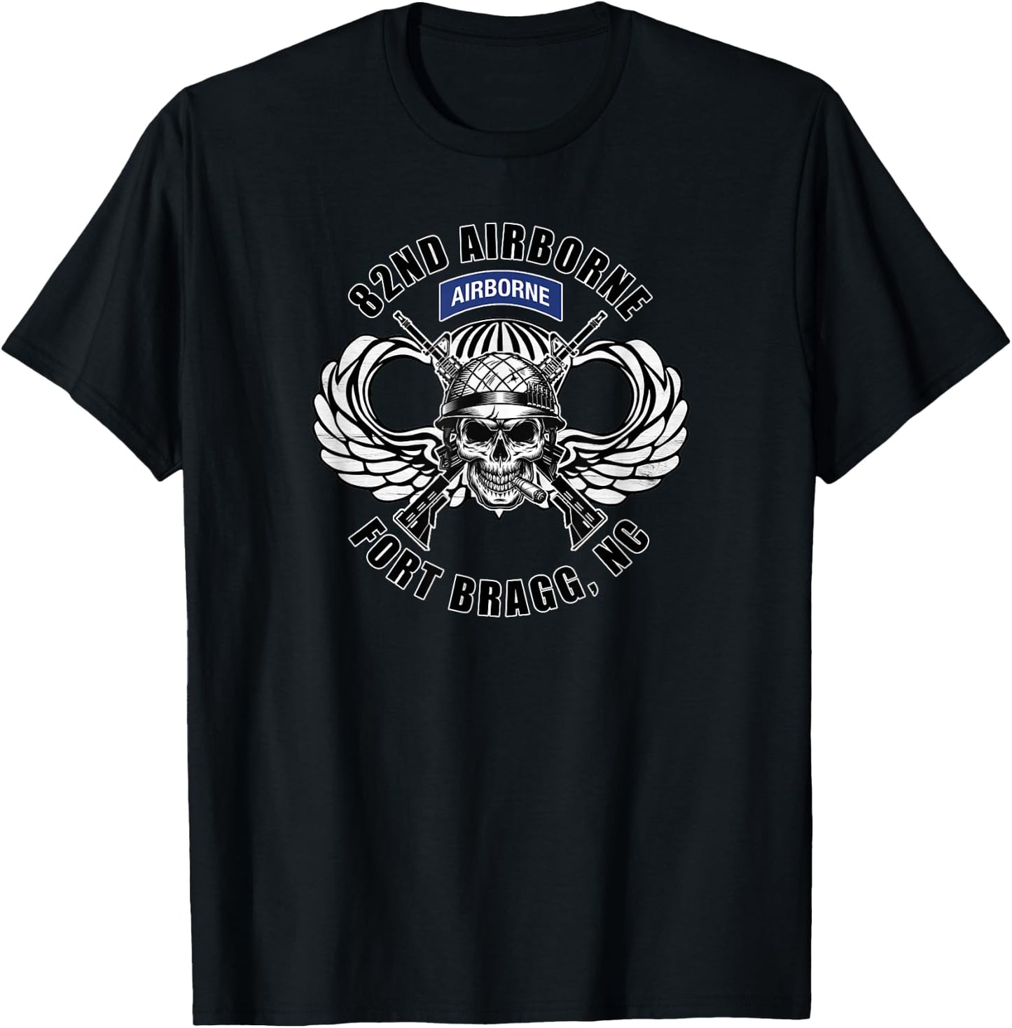 82nd Airborne Division Fort Bragg Veteran Jump Wings Skull T-Shirt - T-Shirt | Black