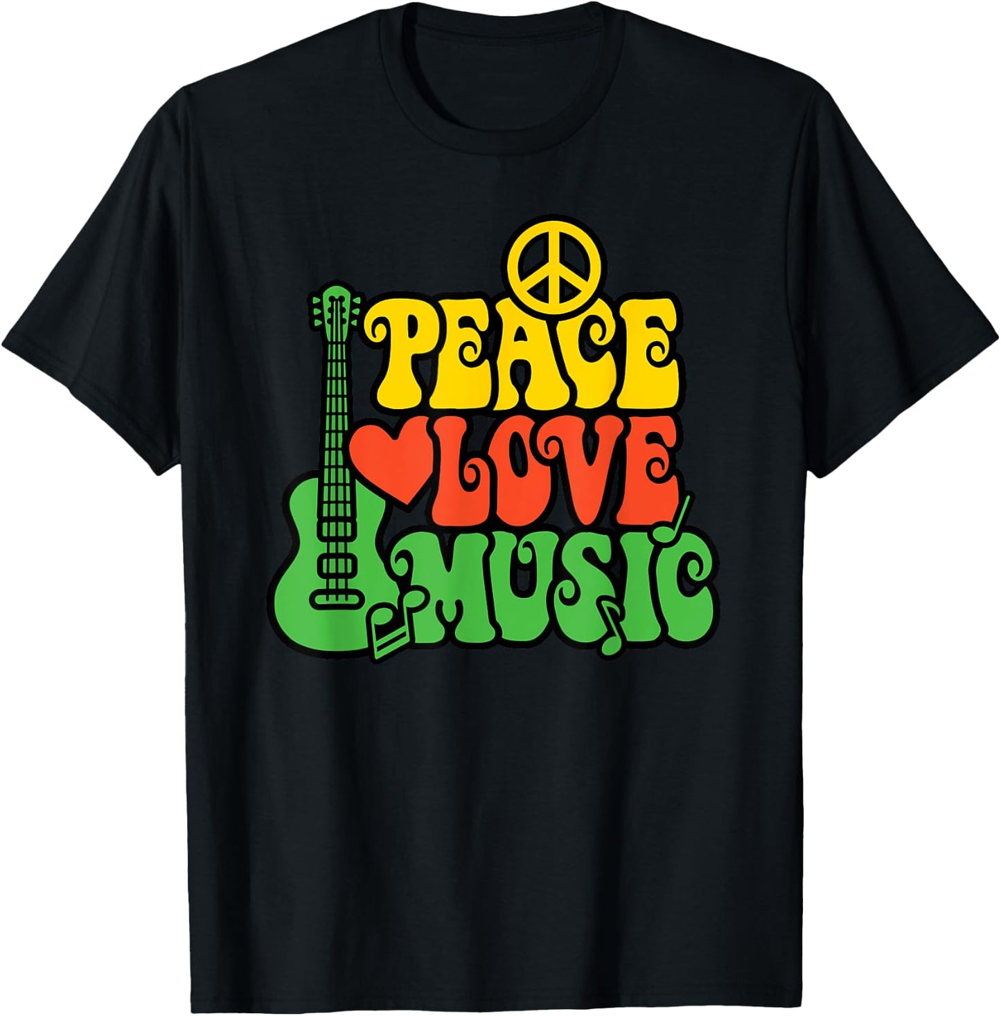 PEACE LOVE MUSIC Reggae Guitar for Everyone T-Shirt - T-Shirt | Black
