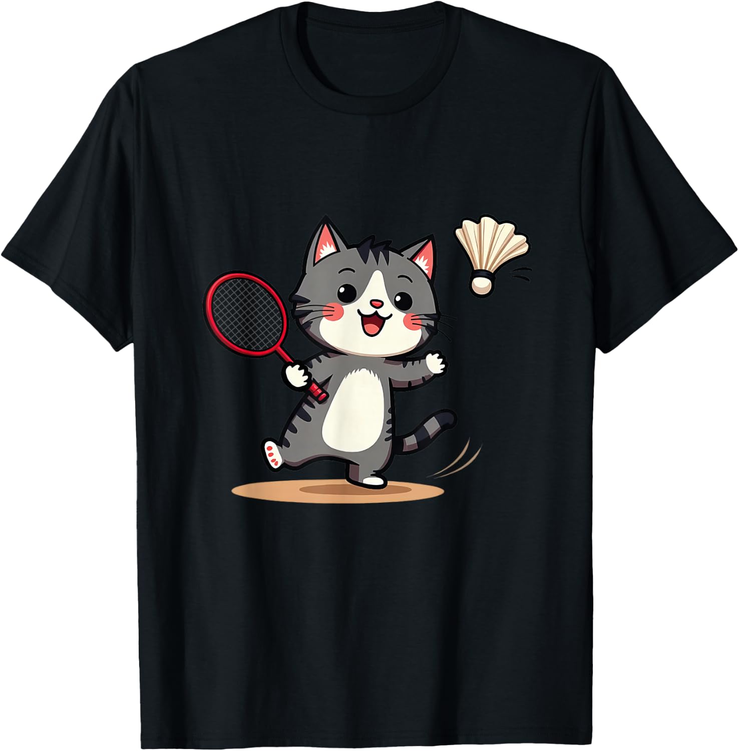 Funny Badminton Cute Cat Racket Shuttlecock T-Shirt - T-Shirt | Black