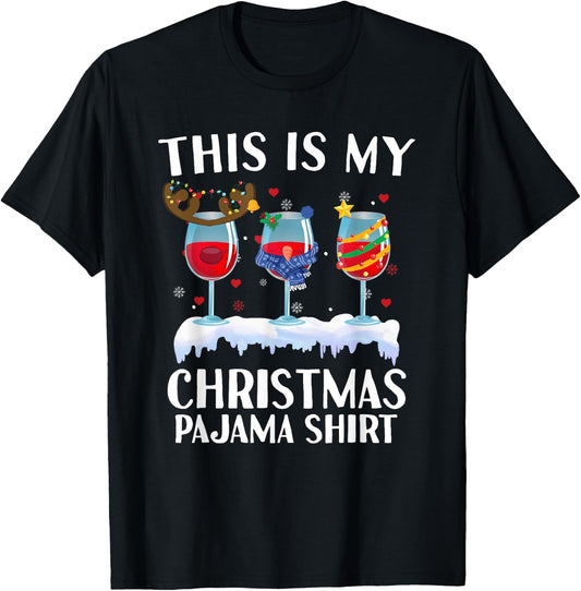 This Is My Christmas Pajama Wine Glass Wine Lover Christmas T-Shirt - T-Shirt | Black