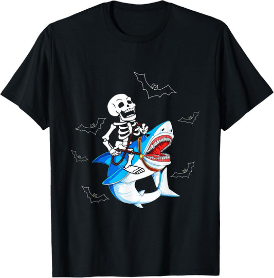 Skeleton Riding Shark Funny Halloween Boys Girls Kids T-Shirt - T-Shirt | Black