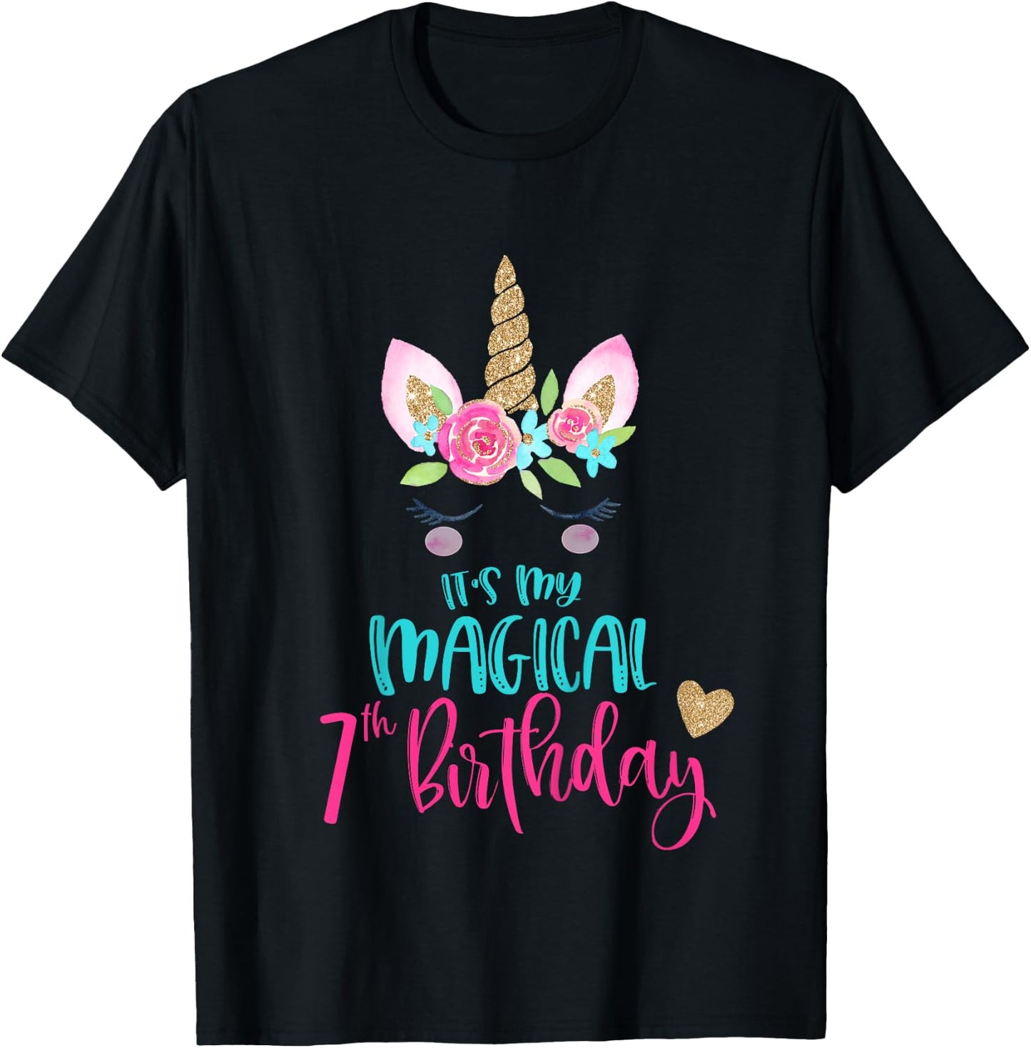 Kids Unicorn 7th Birthday Party Shirt Girl 7 Years Old T-Shirt - T-Shirt | Black