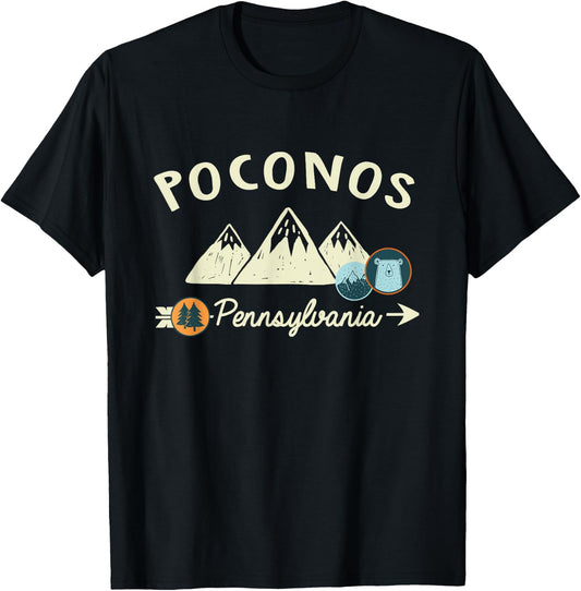 Funny Cartoon Mountain Hiking Patches Poconos Pennsylvania T-Shirt - T-Shirt | Black