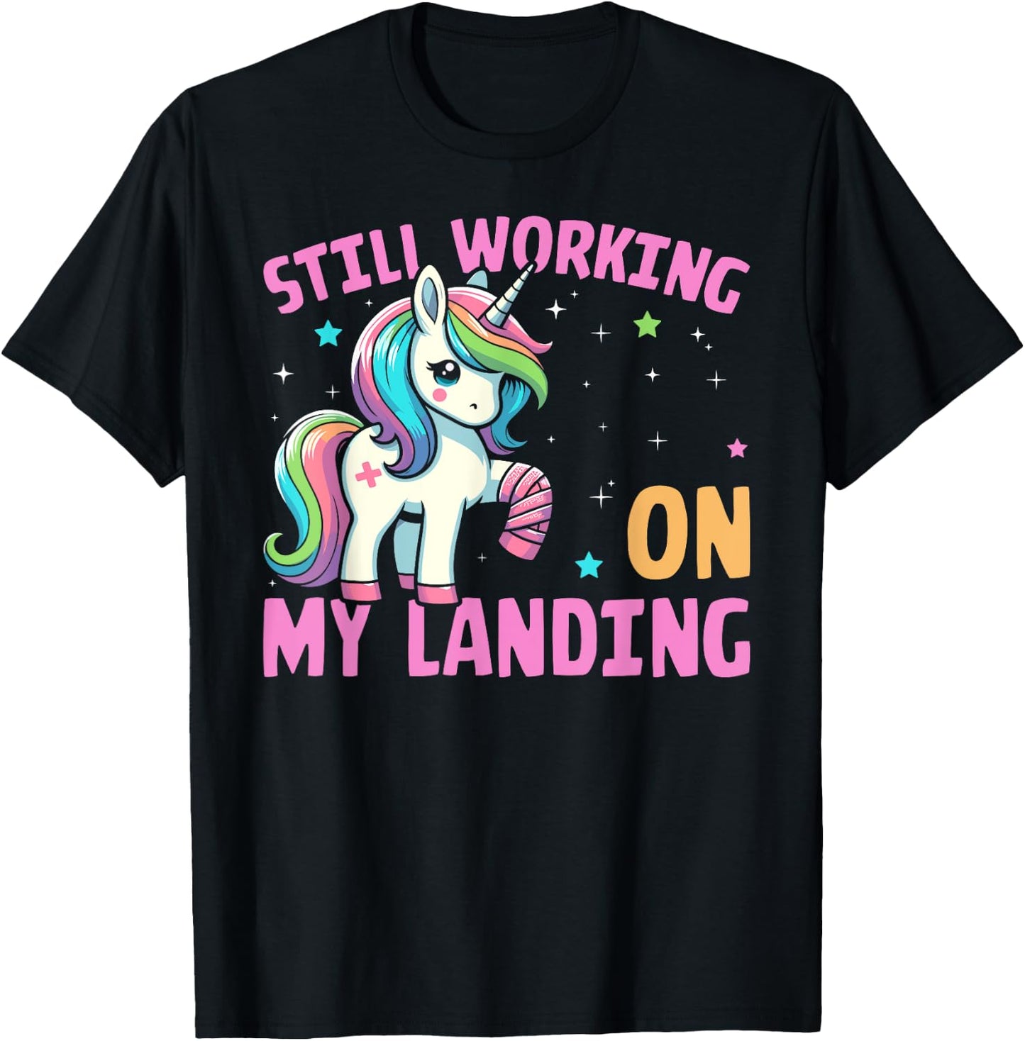 Still Working On My Landing Injury Broken Arm Cute Unicorn T-Shirt - T-Shirt | Black