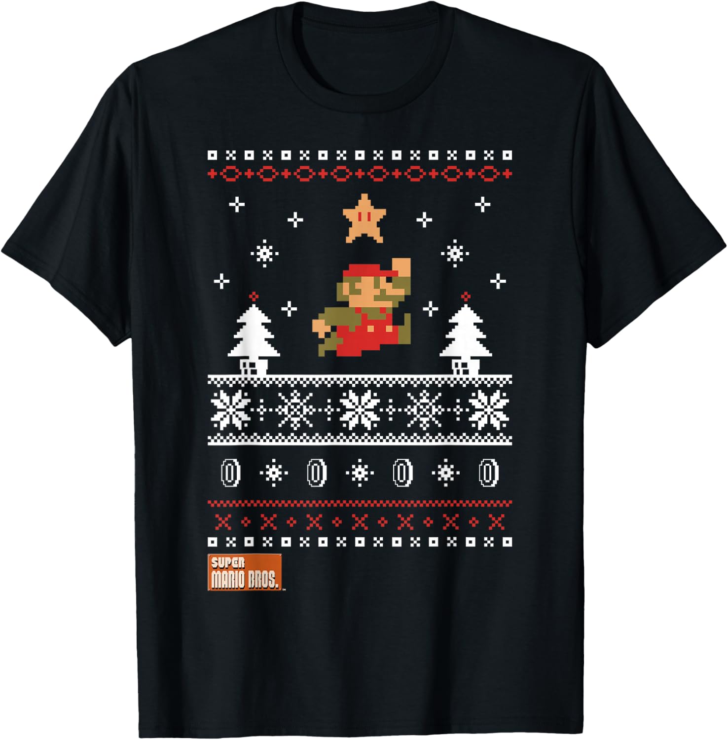 Nintendo Super Mario Christmas Star Pixels Graphic T-Shirt - T-Shirt | Black