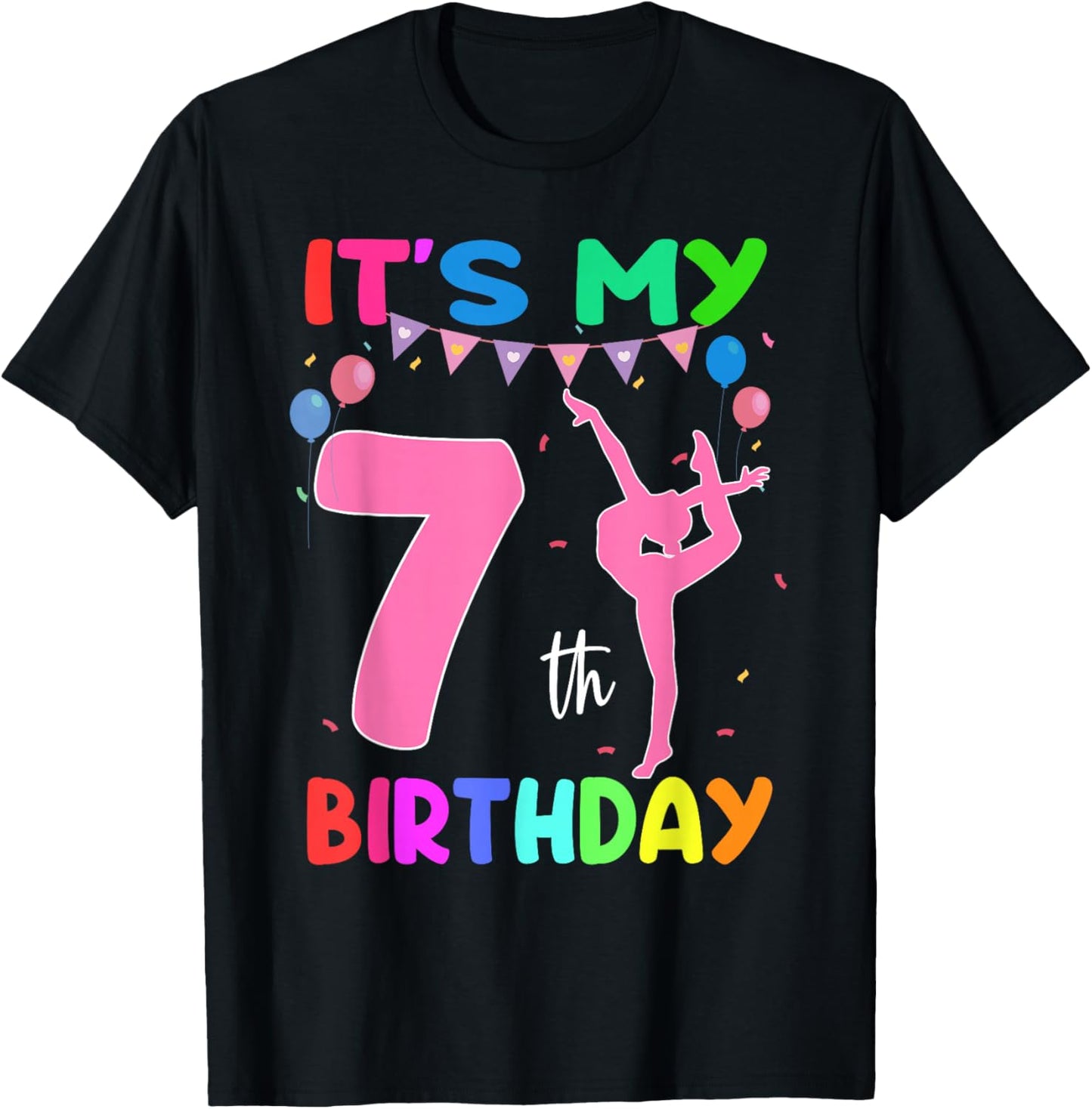 It's My 7th Birthday 7 Year Old Birthday Gymnastics Themed T-Shirt - T-Shirt | Black