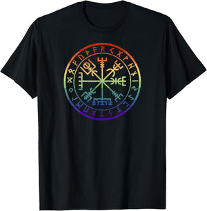 Rainbow Gay Pride Norse Viking Rune Compass Vegvisir T-Shirt - T-Shirt | Black