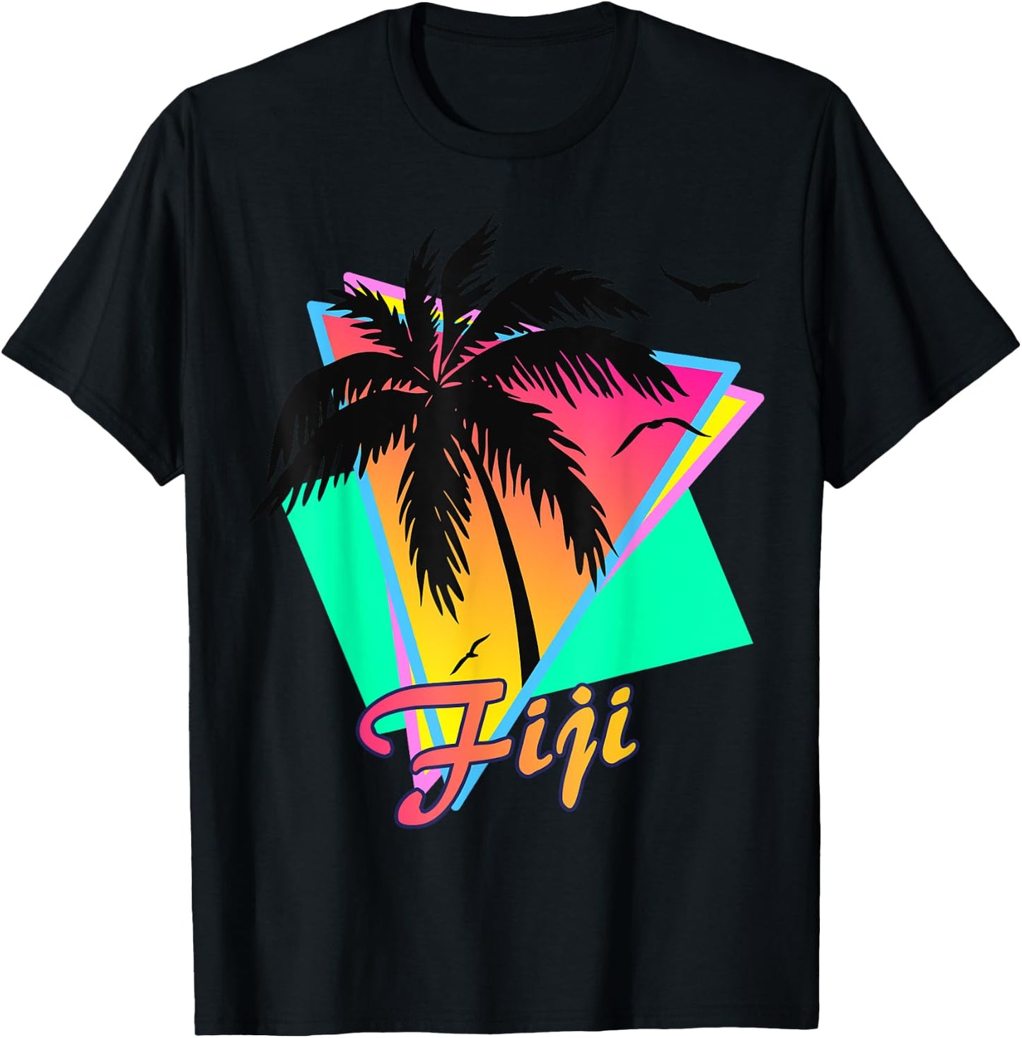 Fiji 80s Tropical Summer Beach Palm Tree Sunset Men Women Kids T-Shirt - T-Shirt | Black