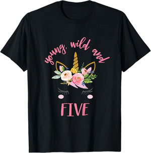 Kids Young Wild and Five, Unicorn 5th Birthday Shirt T-Shirt - T-Shirt | Black