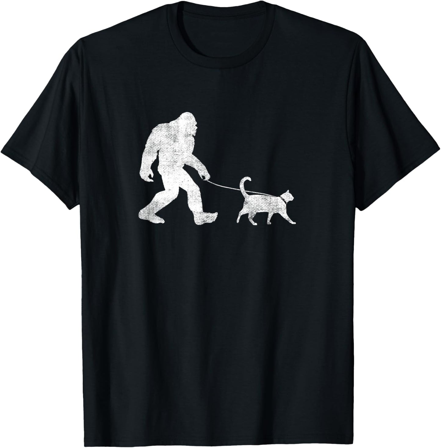 Funny Bigfoot Walking a Cat Sasquatch Yeti Cat T-Shirt - T-Shirt | Black