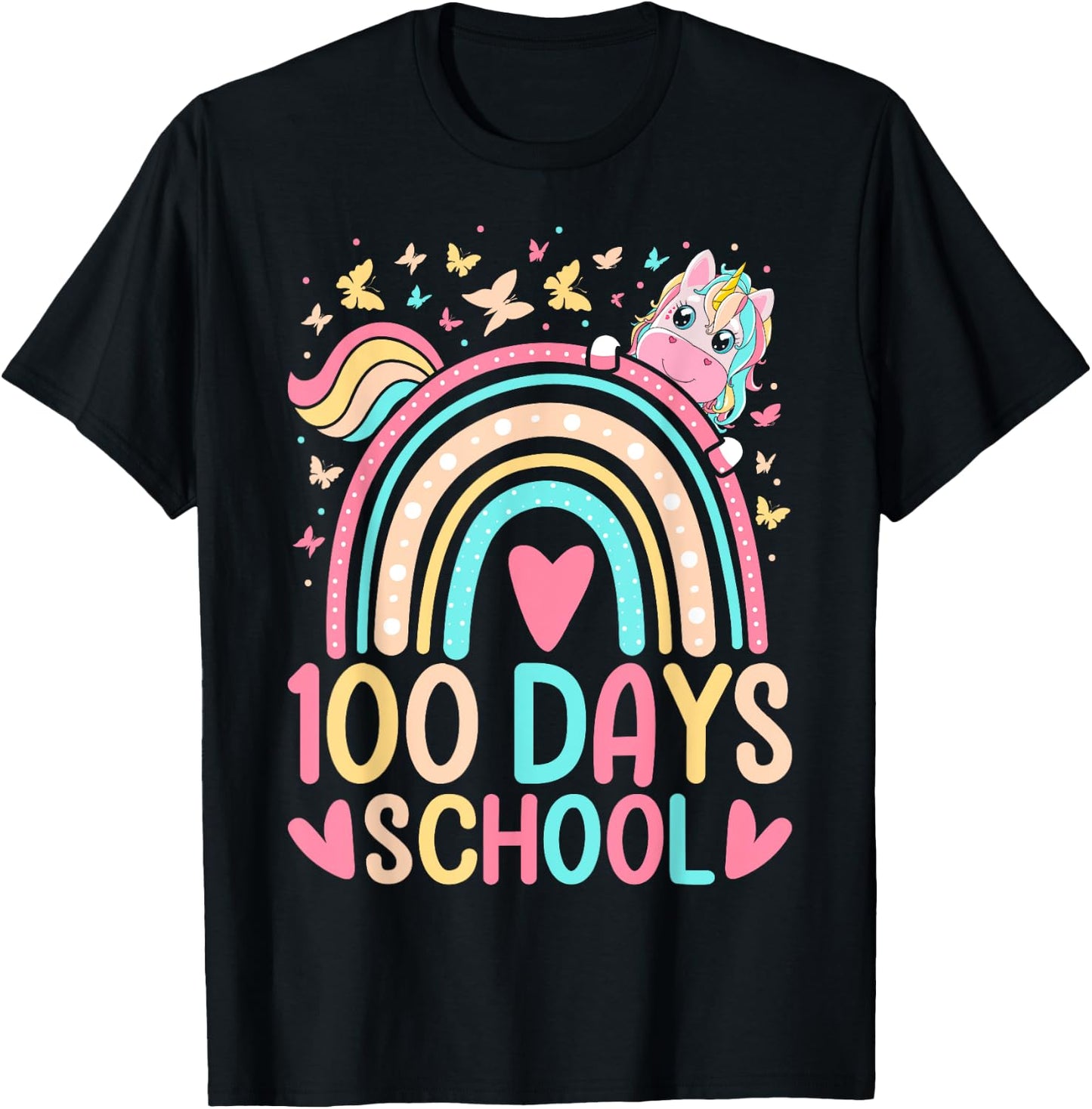 100 Days Of School Unicorn Rainbow Butterfly 100th Day Girls T-Shirt - T-Shirt | Black