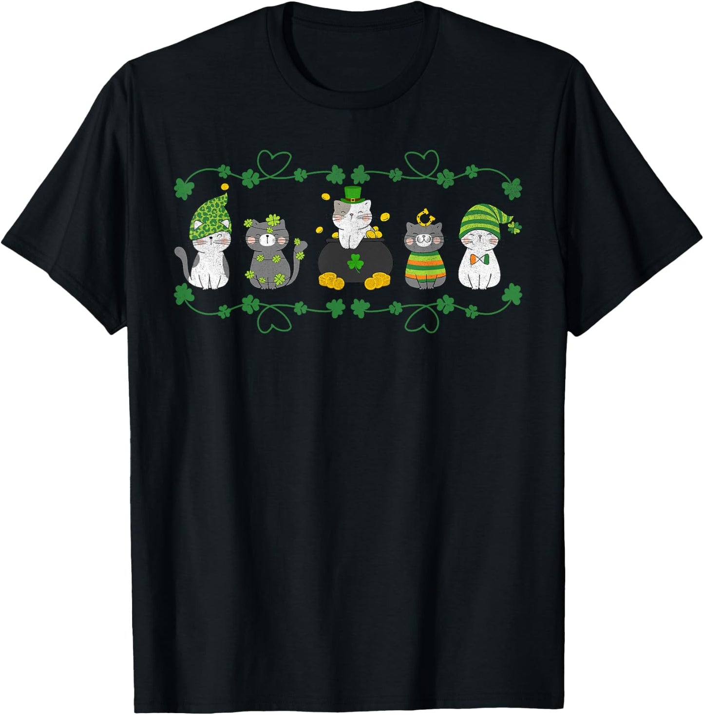 Cute Cats St. Patrick’s Day Clover Design T-Shirt - T-Shirt | Black