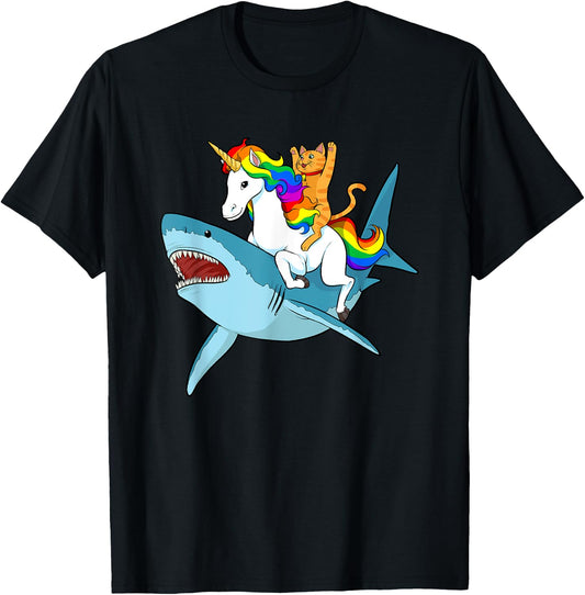 Cat Riding Unicorn Riding Shark Design T-Shirt - T-Shirt | Black