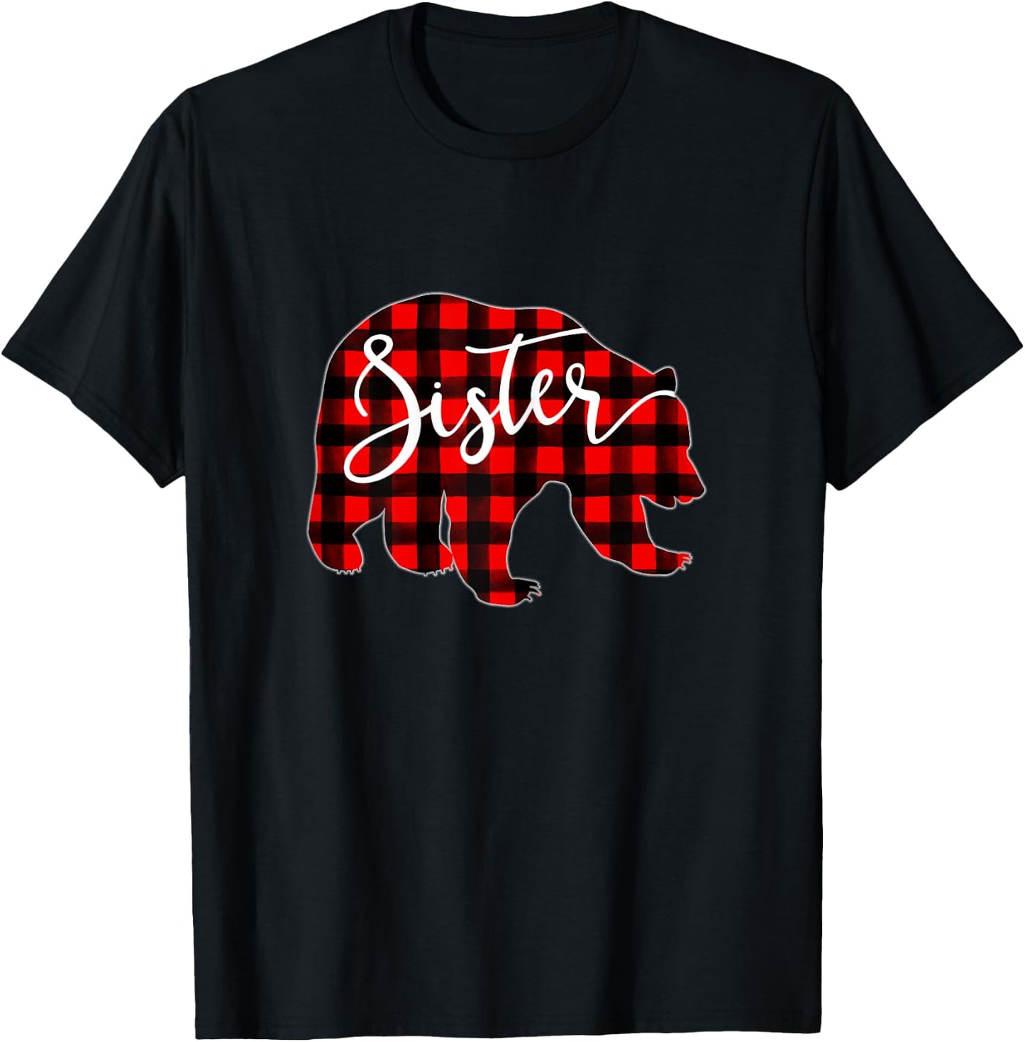 Red Plaid Sister Bear Matching Family Christmas Eve Buffalo T-Shirt - T-Shirt | Black