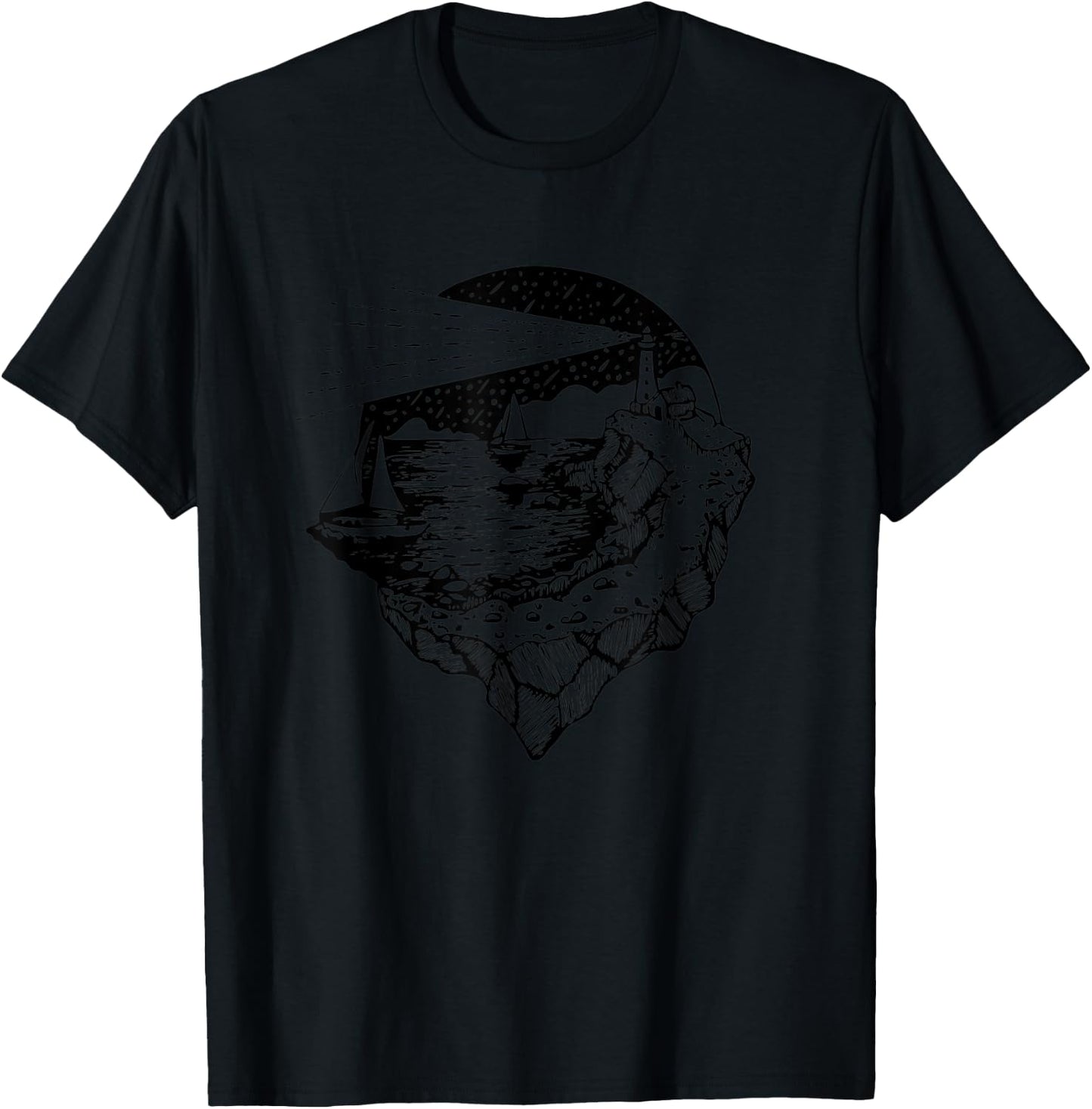 Sea, Sail and Lighthouse - Wild Nature Adventure Sailing T-Shirt - T-Shirt | Black
