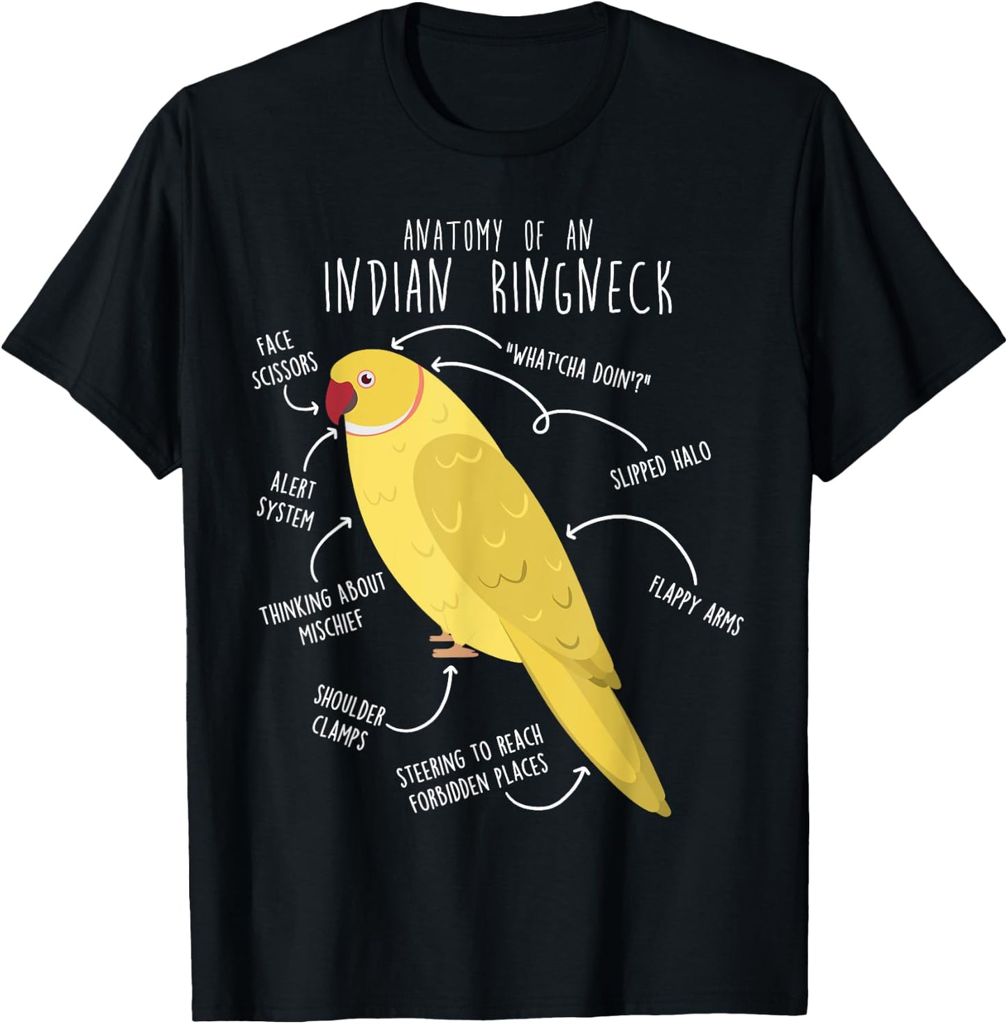 Indian Ringneck Parrot Anatomy Funny Pet Lutino Yellow Bird T-Shirt - T-Shirt | Black