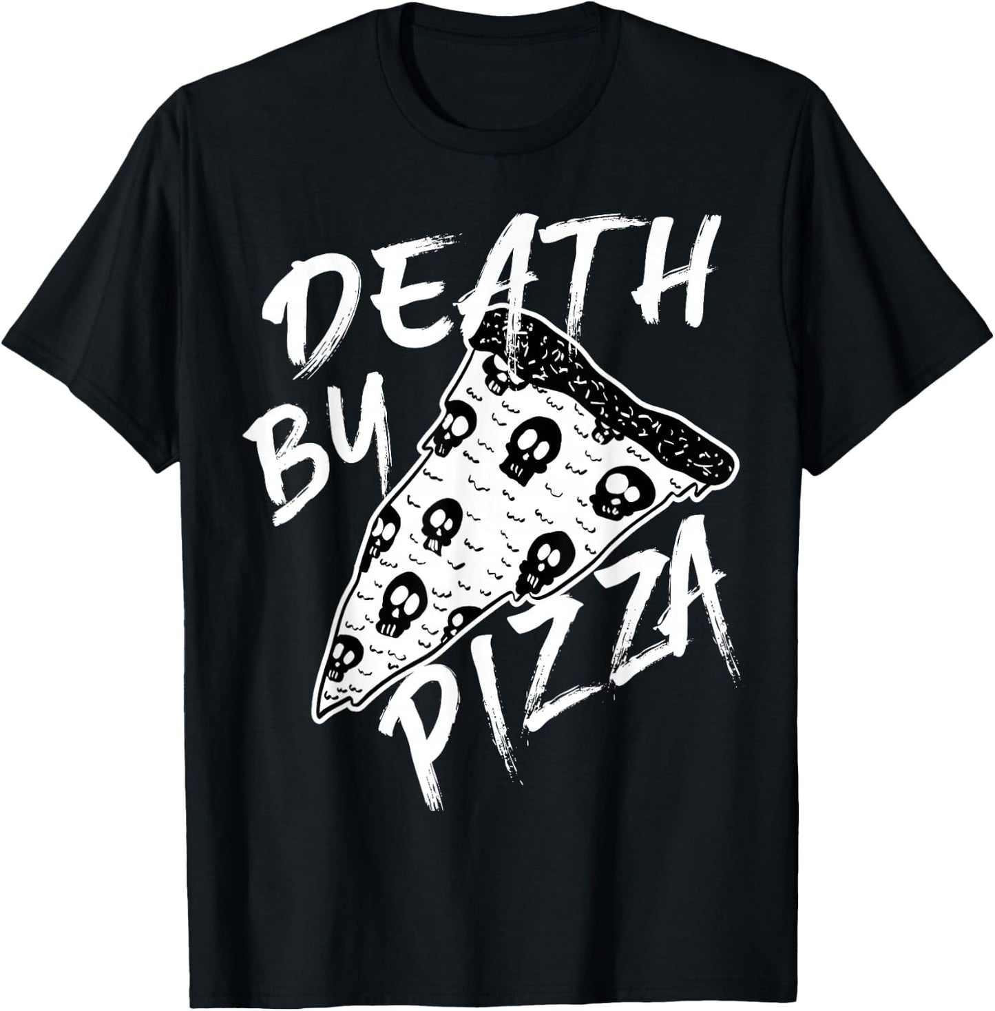 Death by Pizza Pepperoni Skulls Metal Text Halloween T-Shirt - T-Shirt | Black