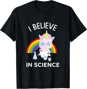 Unicorn Scientist I Believe In Science Funny T-Shirt - T-Shirt | Black