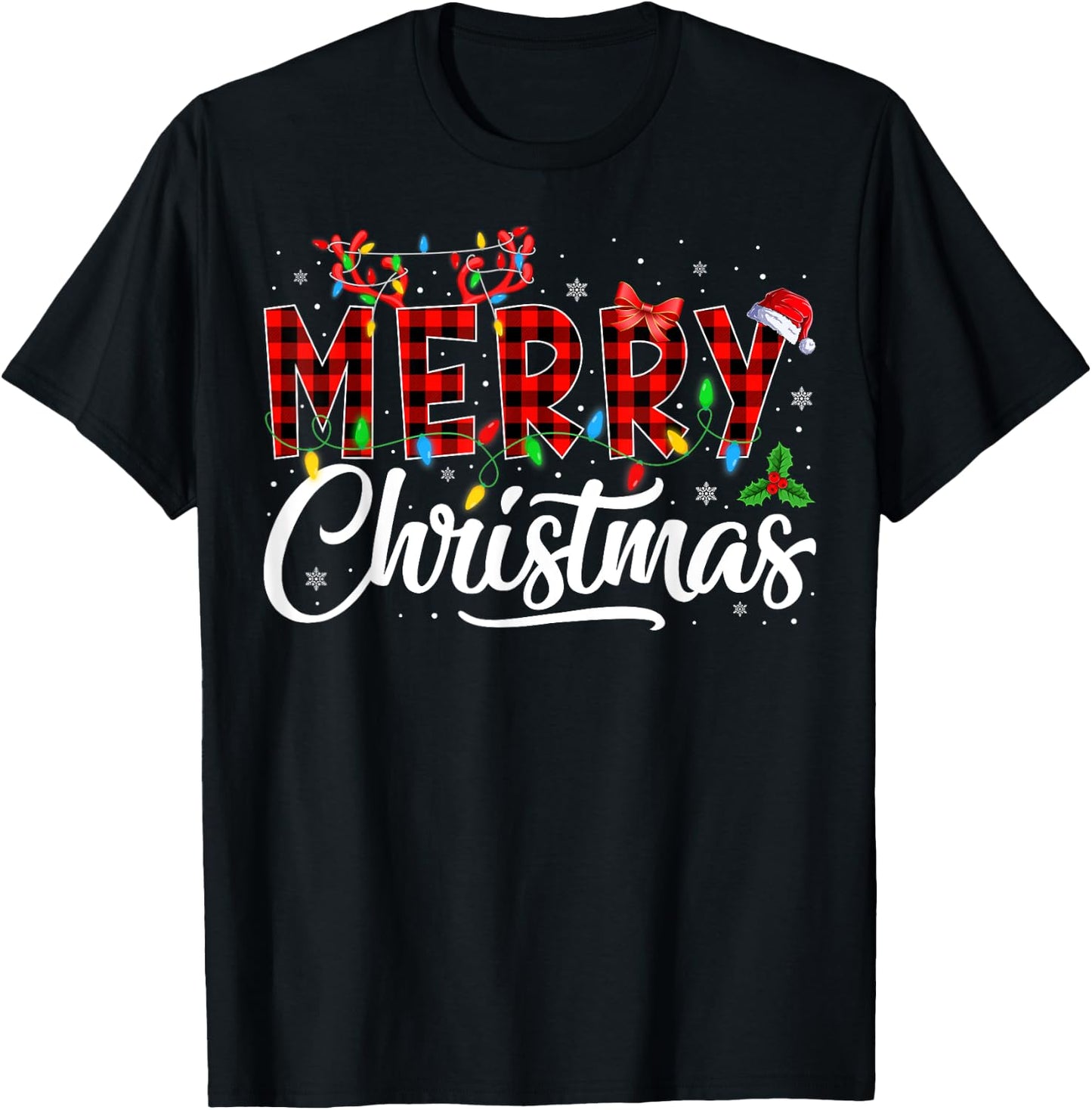 Merry Christmas Buffalo Plaid Red Santa Hat Pajama Men Women T-Shirt - T-Shirt | Black