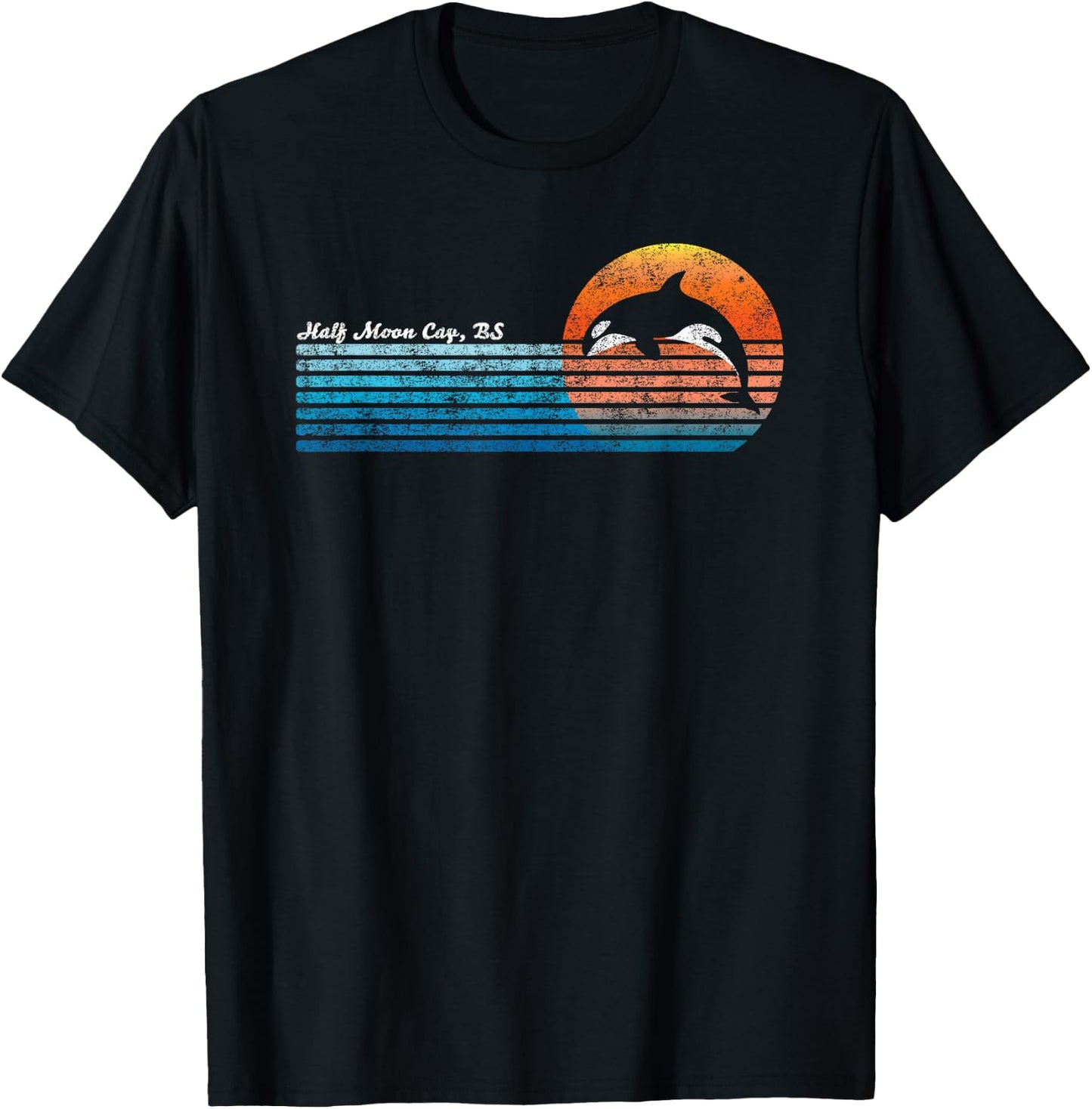 Vintage Half Moon Cay, Bahamas Retro 80s Orka Sunset T-Shirt - T-Shirt | Black