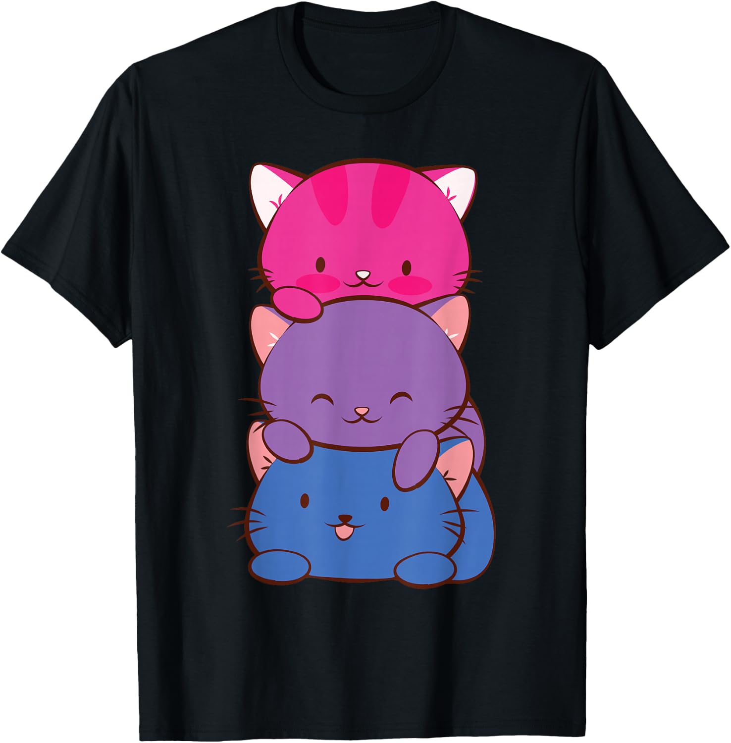 Bisexual Pride Kawaii Kitty Cat Stack Anime T-Shirt - T-Shirt | Black