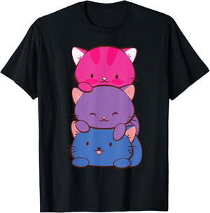 Bisexual Pride Kawaii Kitty Cat Stack Anime T-Shirt - T-Shirt | Black