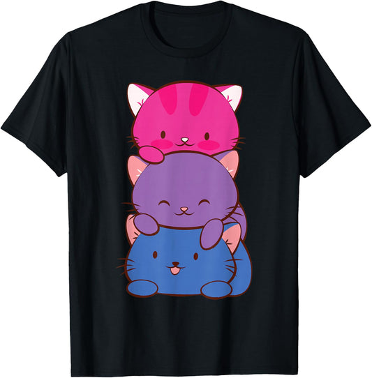 Bisexual Pride Kawaii Kitty Cat Stack Anime T-Shirt - T-Shirt | Black