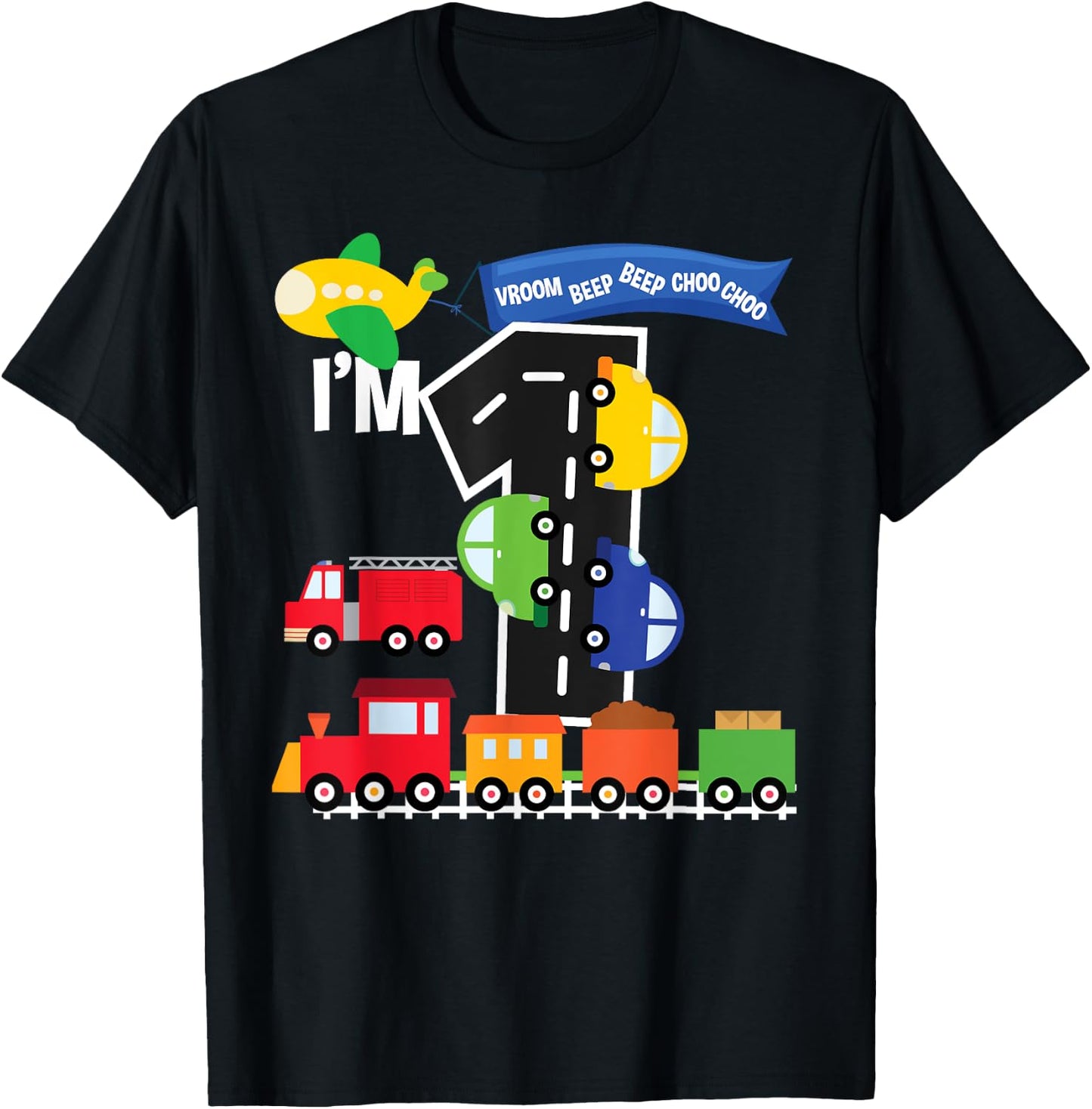 Transportation 1st Birthday Airplane Cars Fire Truck Train T-Shirt - T-Shirt | Black