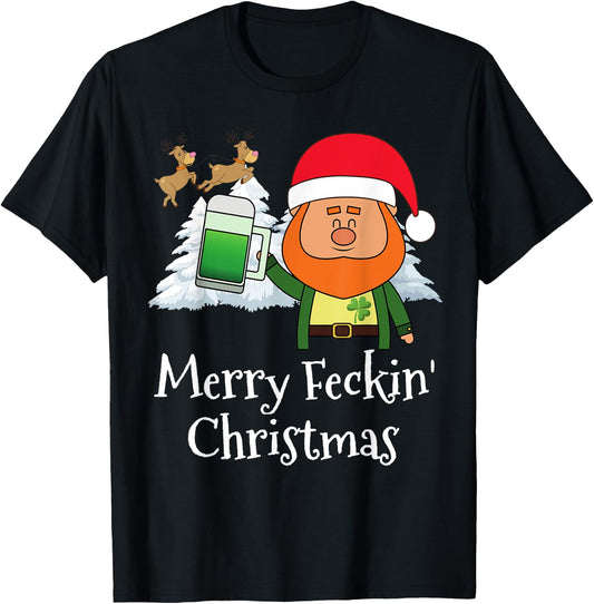 Merry Feckin Christmas Santa Hat Reindeer Snow Tree T-Shirt - T-Shirt | Black