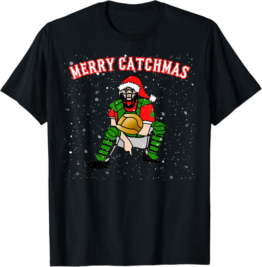 Xmas Baseball Catcher Christmas Baseball Gift Merry Catchmas T-Shirt - T-Shirt | Black