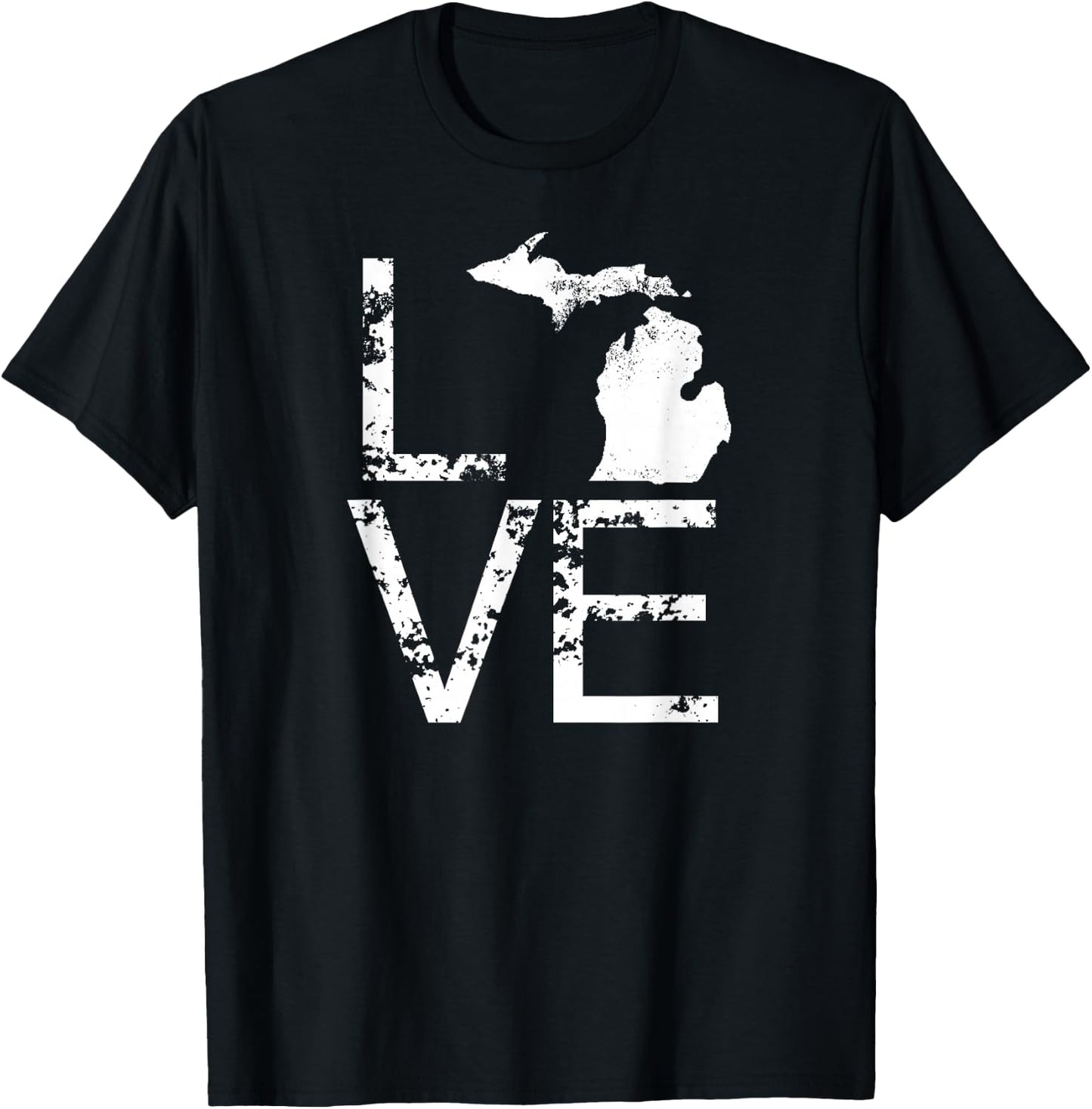 Michigan Love MI State Home Pride Map Distressed T-Shirt - T-Shirt | Black
