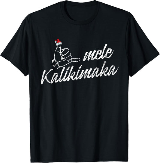 Christmas Mele Kalikimaka Shaka Santa Hat Hawaii T-Shirt - T-Shirt | Black