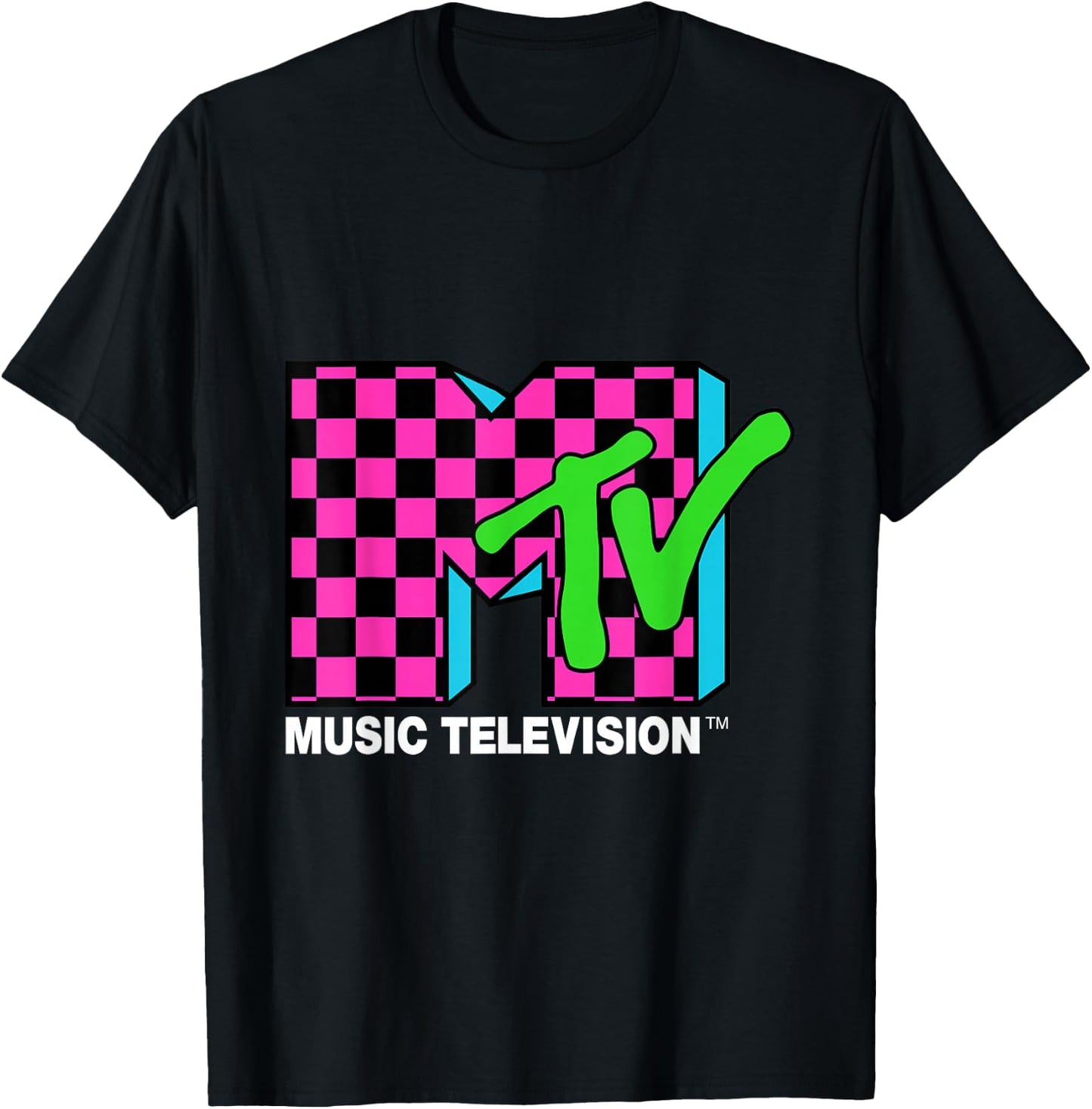 Classic MTV Logo Pink and Blue Checker Design T-Shirt - T-Shirt | Black