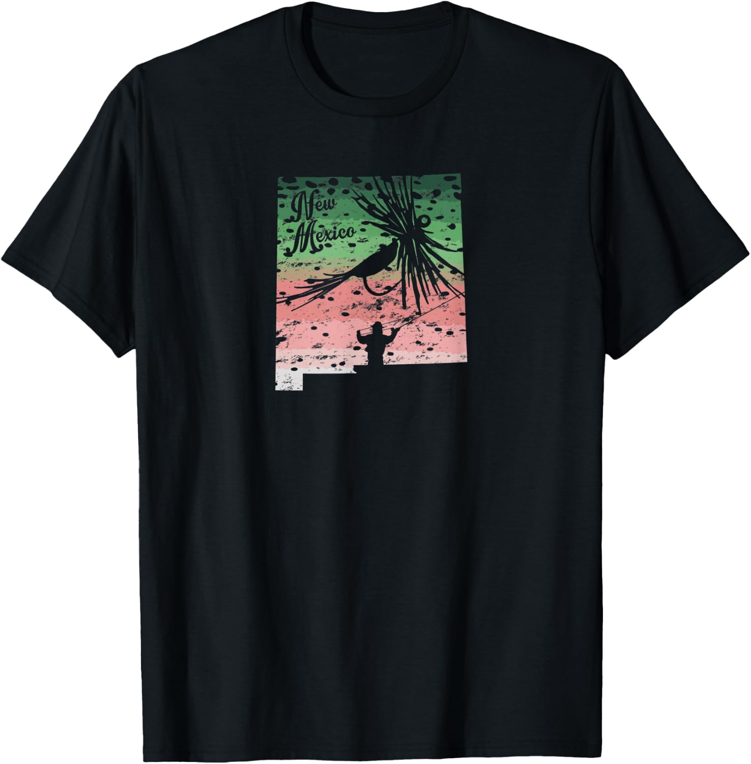 Vintage Big Fly Rainbow Trout New Mexico Map Fly Fishing T-Shirt - T-Shirt | Black
