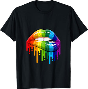 80's Sexy Colorful Graphic Lips, Women Printed Design Lips T-Shirt - T-Shirt | Black
