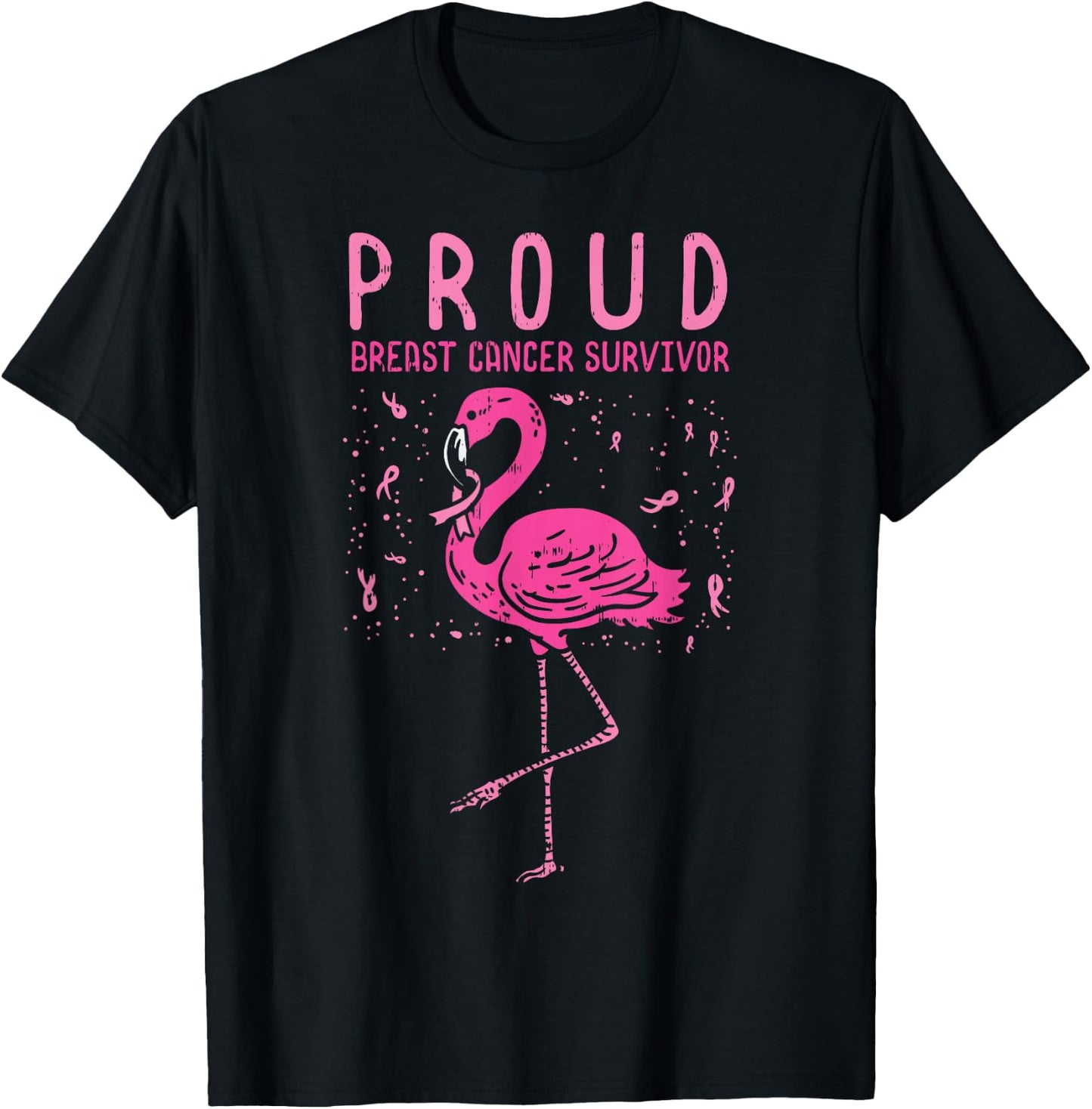 Proud Survivor Flamingo Pink Breast Cancer Awareness Gift T-Shirt - T-Shirt | Black