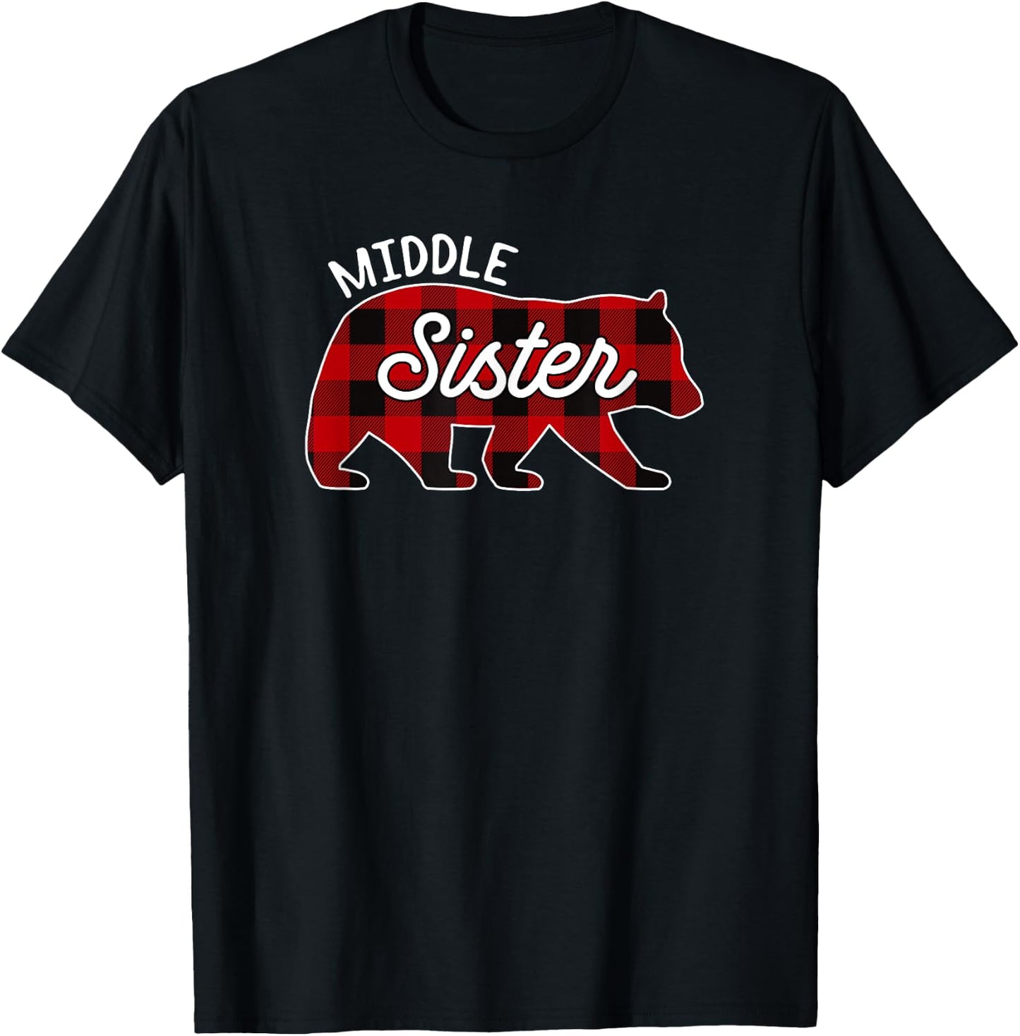 Middle Sister Bear Red Buffalo Plaid Matching Family T-Shirt - T-Shirt | Black