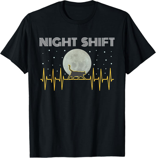 Funny Nurses Gifts Night Shift Nurse Cool Full Moon EKG Cat Women Kids T-Shirt - T-Shirt | Black