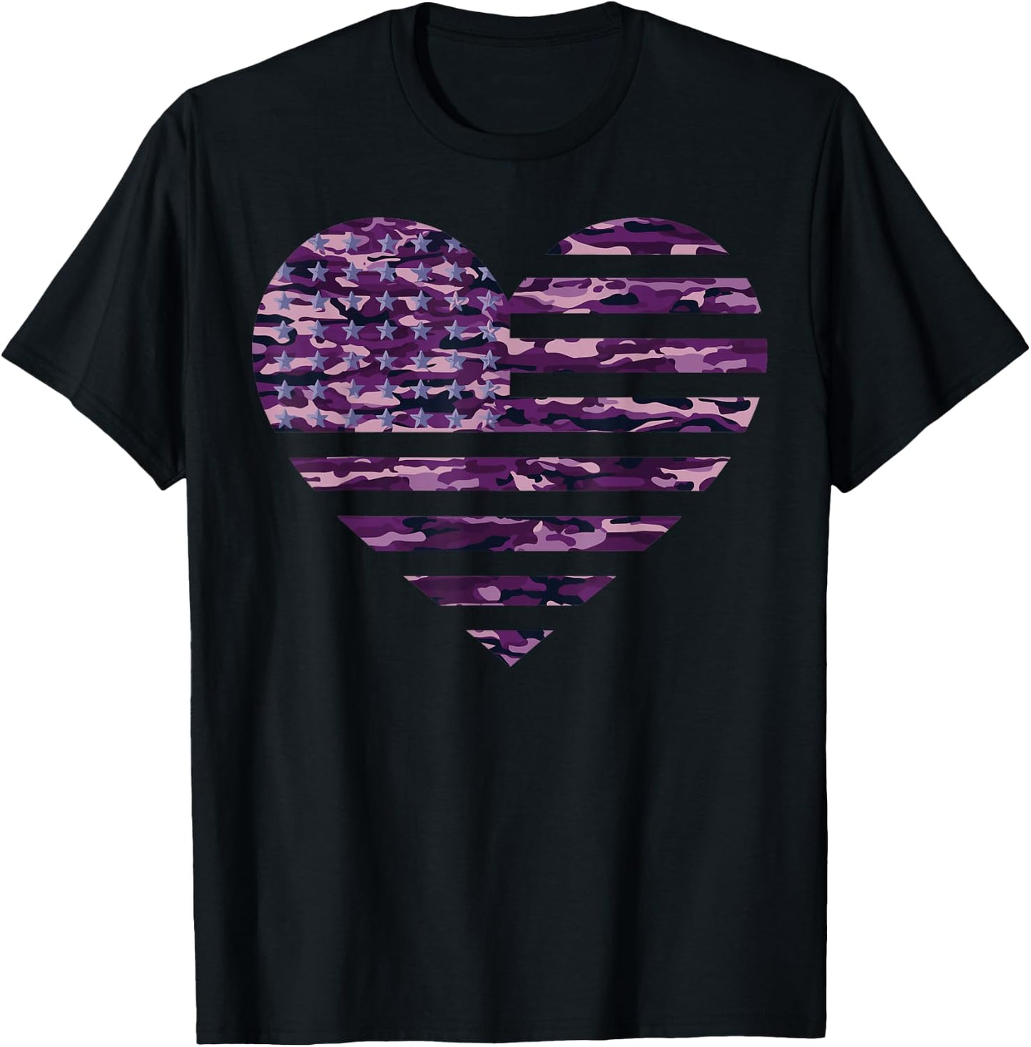Camo American Flag Heart Camouflage Tactical Purple Military T-Shirt - T-Shirt | Black