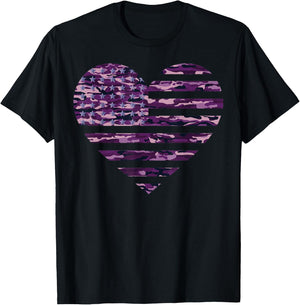 Camo American Flag Heart Camouflage Tactical Purple Military T-Shirt - T-Shirt | Black