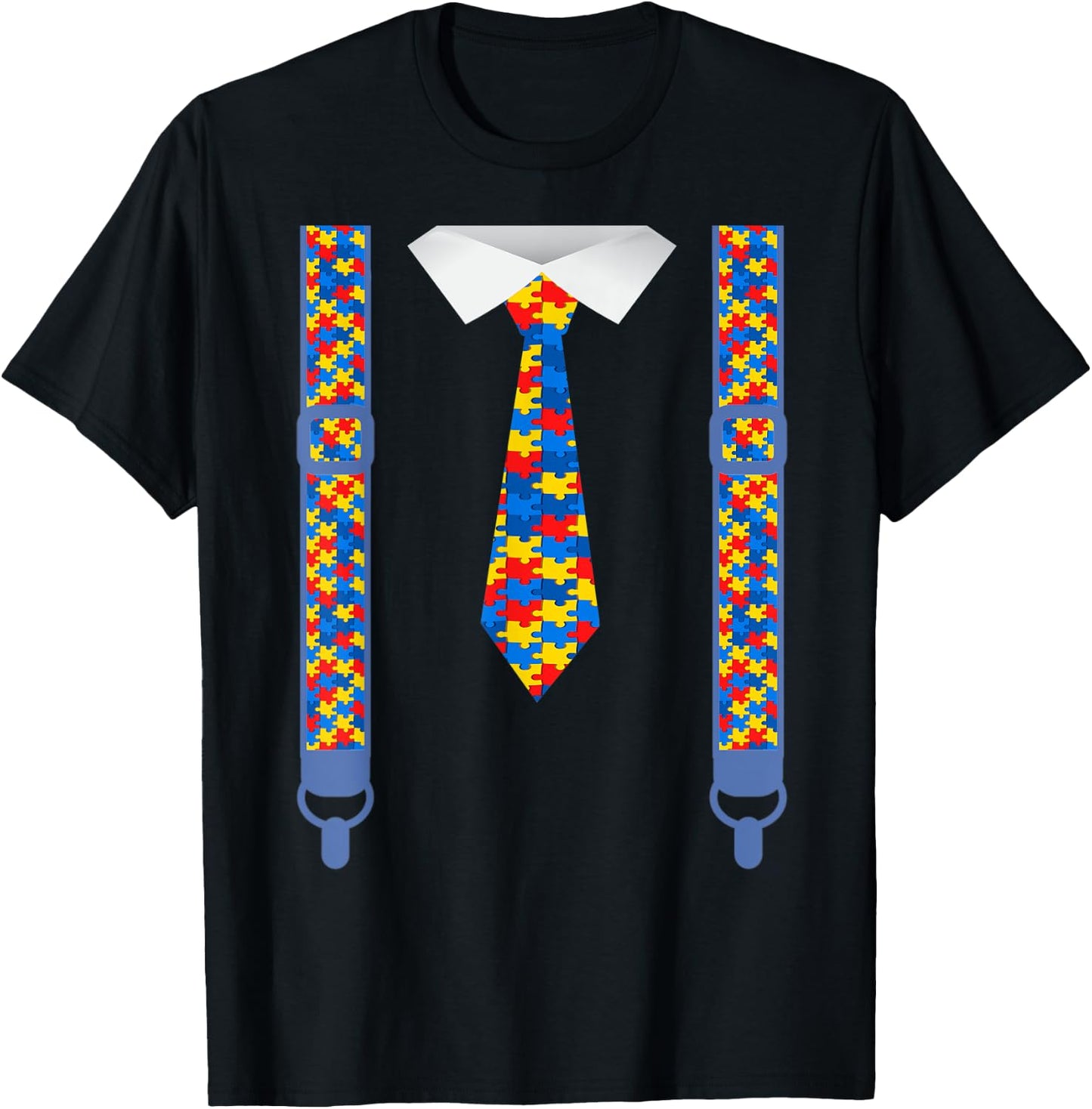 Autism awareness tie and suspenders Puzzle pieces T-Shirt - T-Shirt | Black