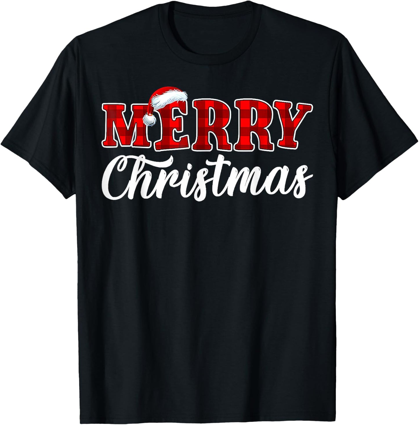 Merry Christmas Buffalo Plaid Red Santa Hat Xmas Pajamas T-Shirt - T-Shirt | Black
